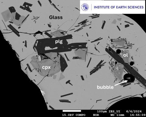 Backscattered electron image of a quenched lava sample from day 4 of the May 2024 eruption